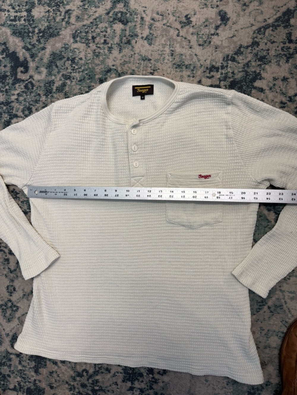 Seager Cream Waffle-Knit Henley Long Sleeve Shirt Medium